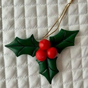 Vintage handmade Holly Sprig ornament. Green leaves and red berries.